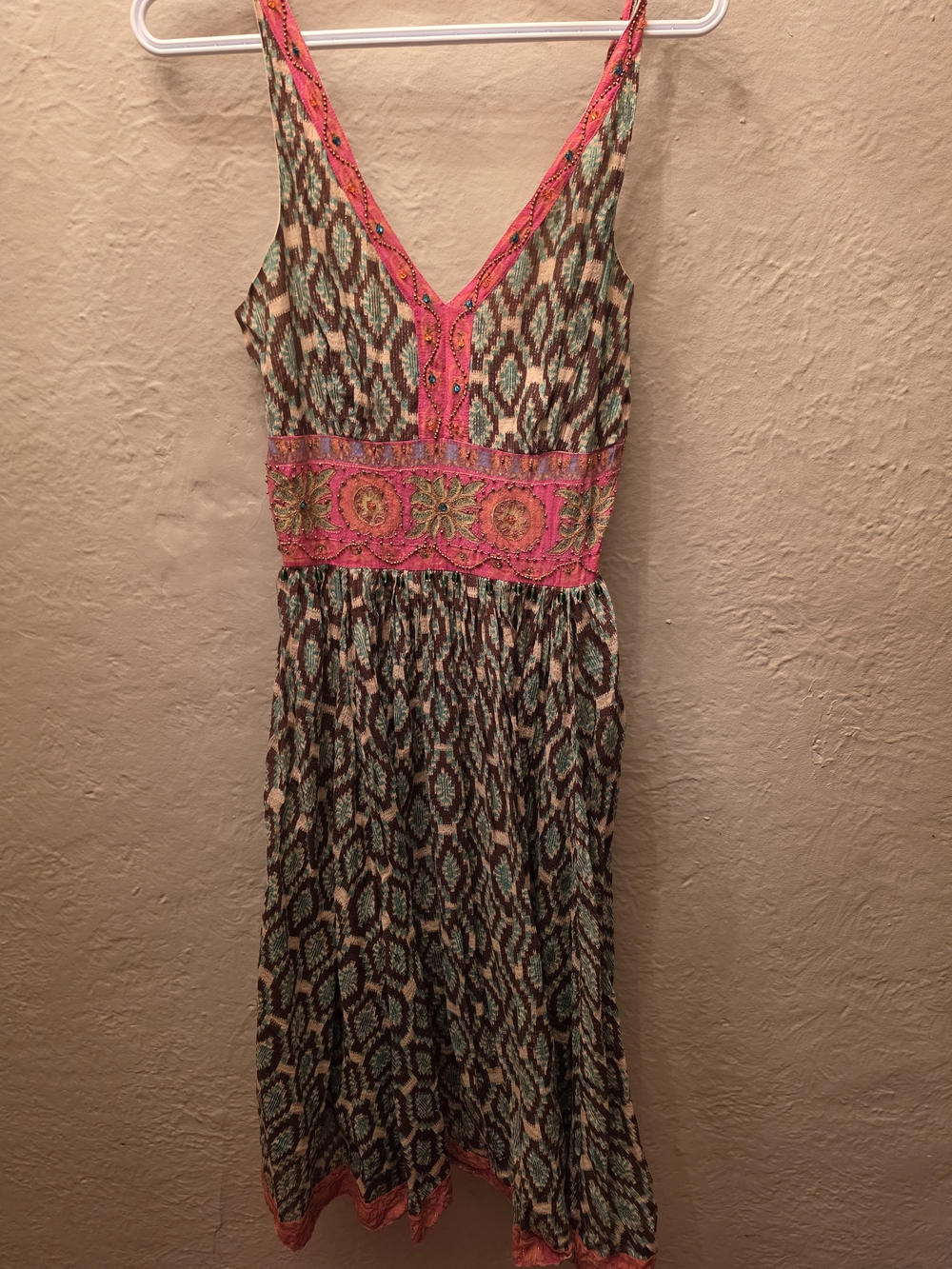 Derhy Cotton Metallic Beaded Boho Midi Dress M Embroidered Ikat Floral